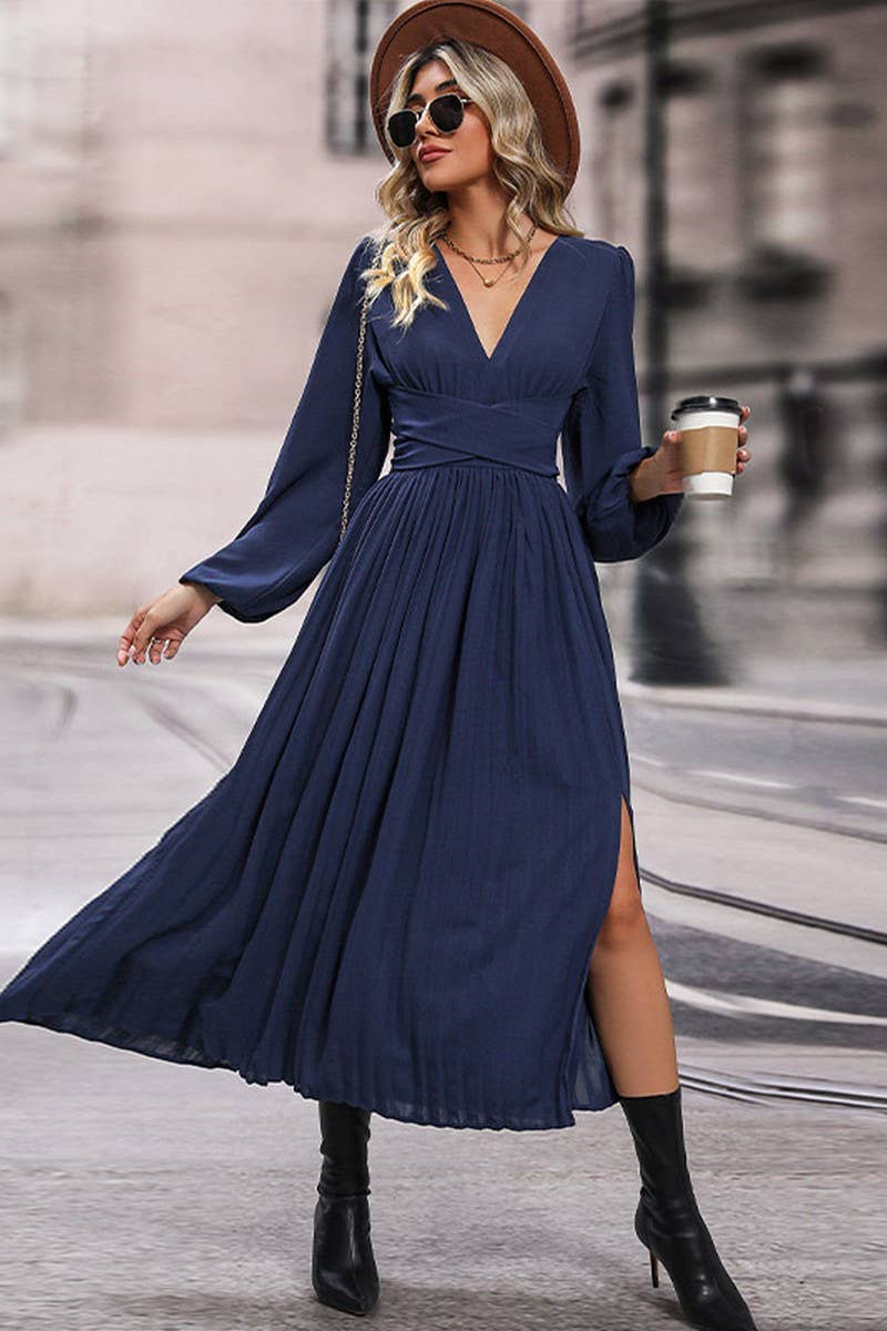 CWDMD3562_SOLID COLOR LONG SLEEVE V-NECK MIDI DRESS