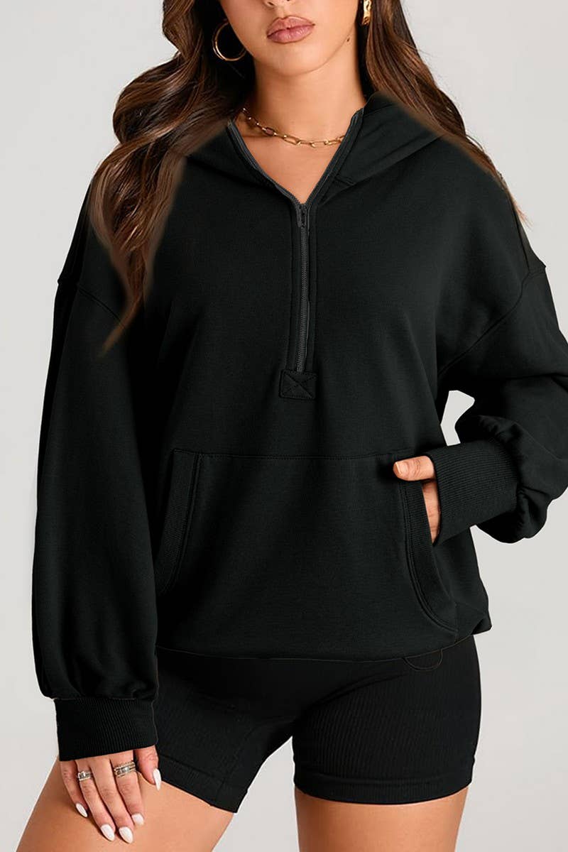 CWOHOL0935_SOLID COLOR HOODED ZIPPER POCKET SWEATSHIRT