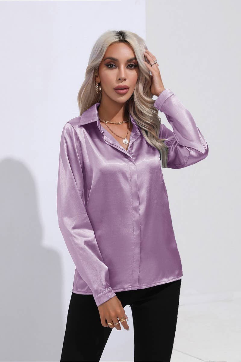 CWTBLL0692_Button Down Silky Satin Long Sleeve Top