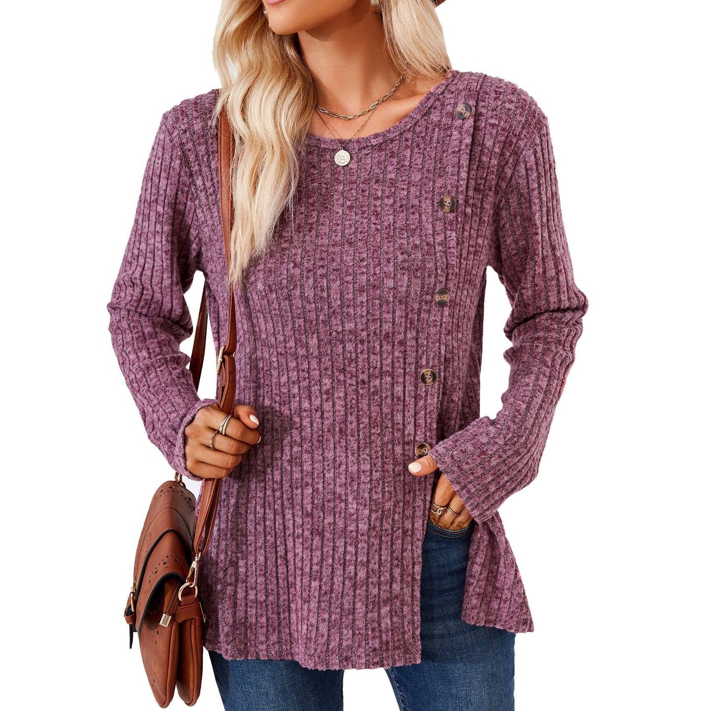 CREW-NECK BUTTON-UP LONG-SLEEVED LOOSE T-SHIRT