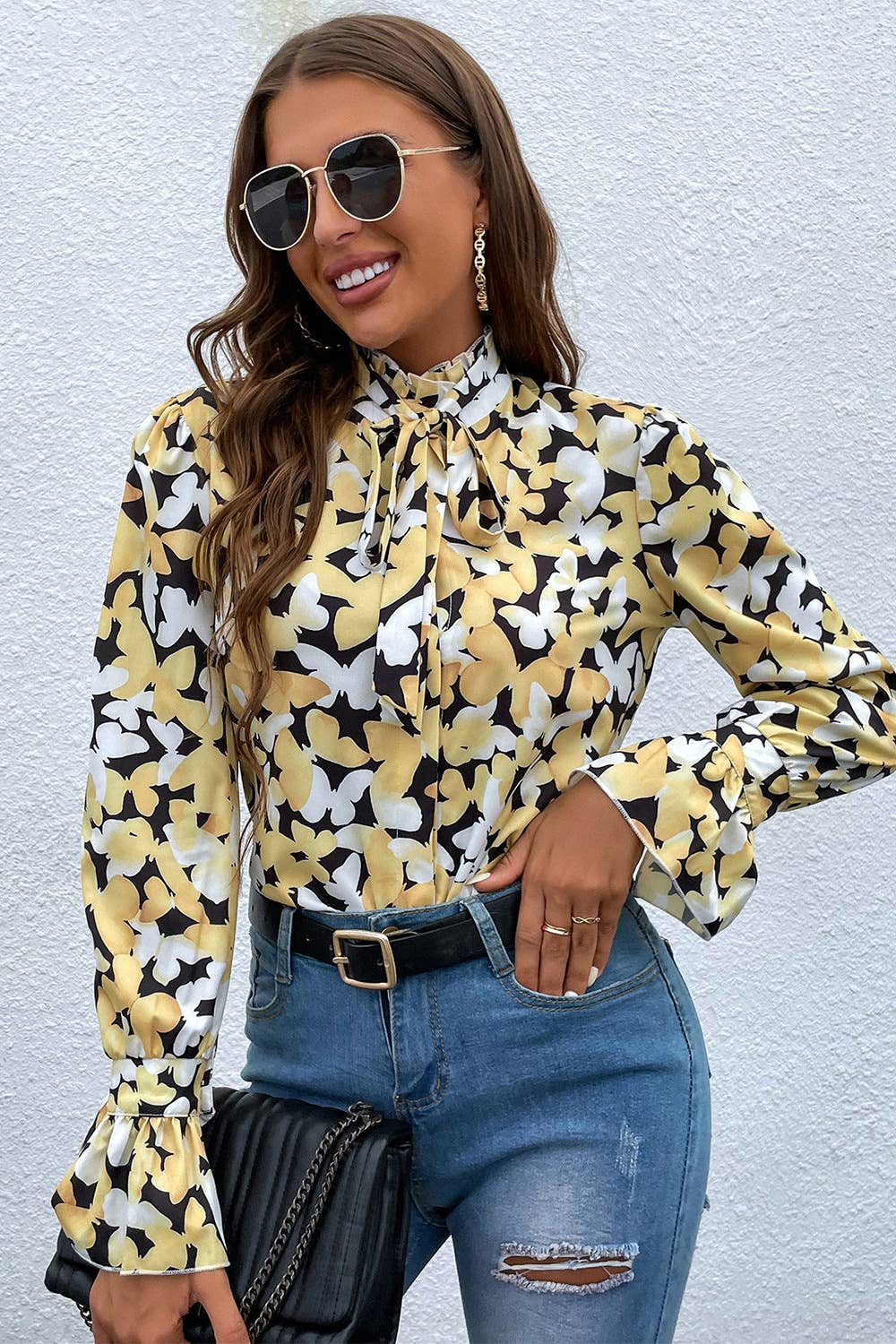 Butterfly print stand-up collar lace-up shirt