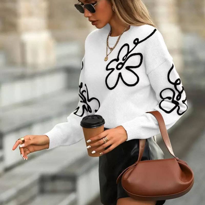 Flower-patterned round-neck knitted sweater