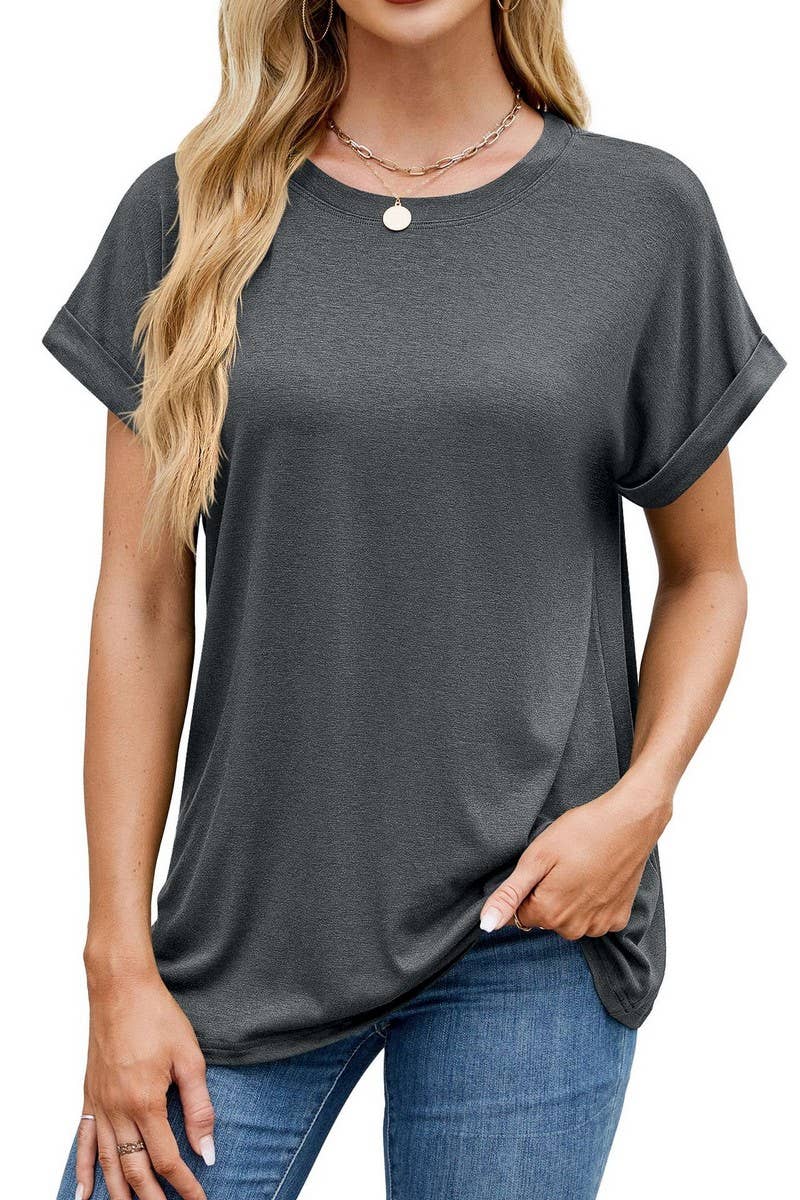 CWTTS1323_NEW SOLID COLOR ROUND NECK LOOSE SHORT SLEEVE T-SH