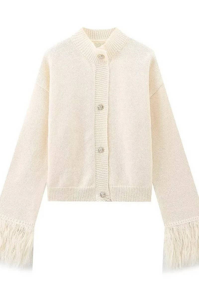 CWOCAL2196_FUR CUFFS CARDIGAN KNITTED SWEATER COAT