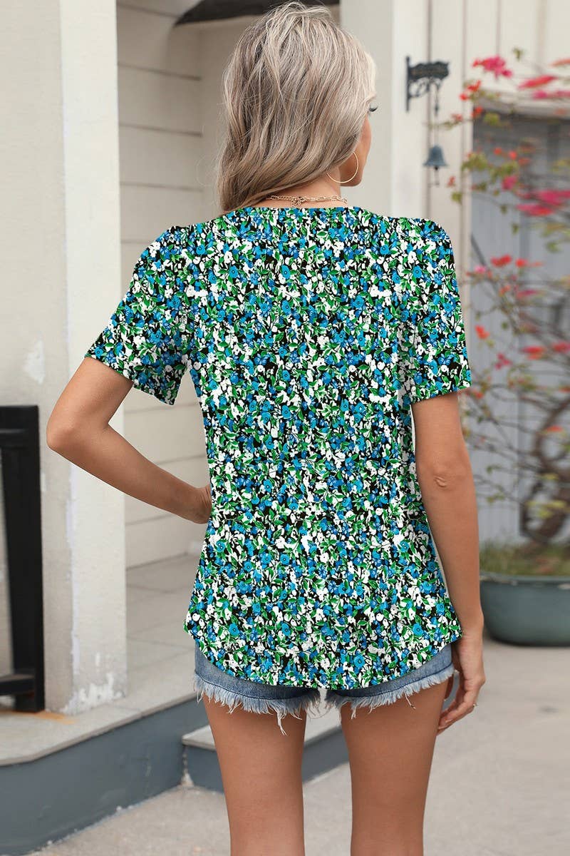 CWTBLS1724_LOOSE CREW NECK PLEATED PRINT SHORT SLEEVE TOP