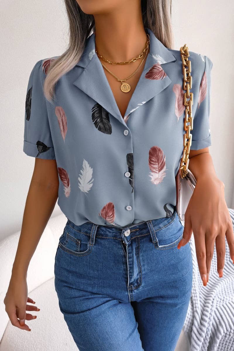 CWTDSS0051_SUIT COLLAR FEATHER LOOSE SHORT-SLEEVED SHIRT