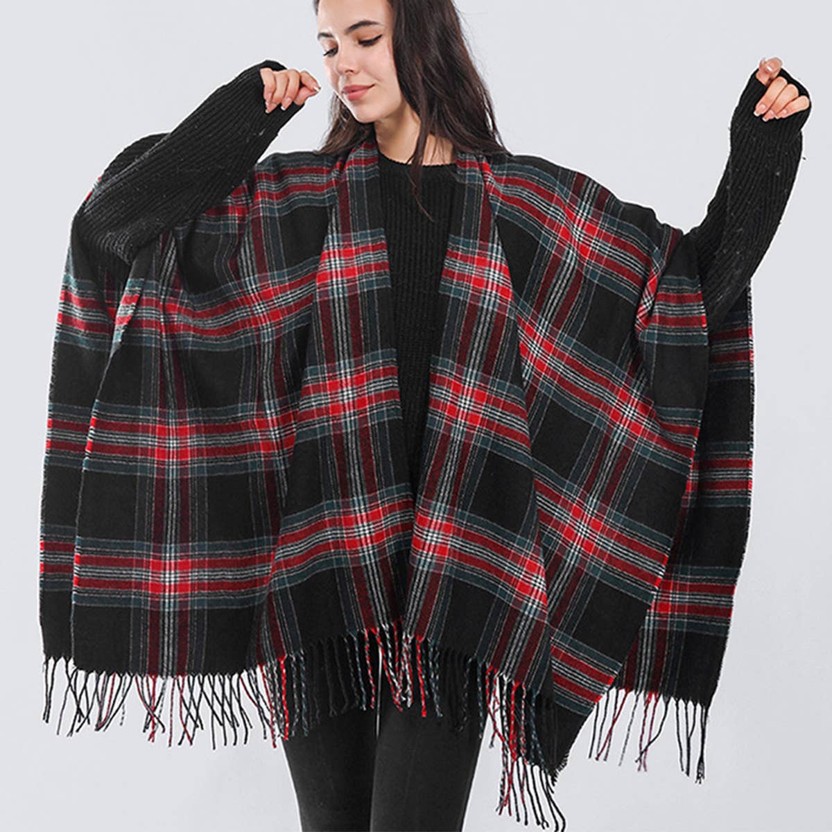 Plaid Faux Cashmere Cape Scarf with Tassels_CWASC0336