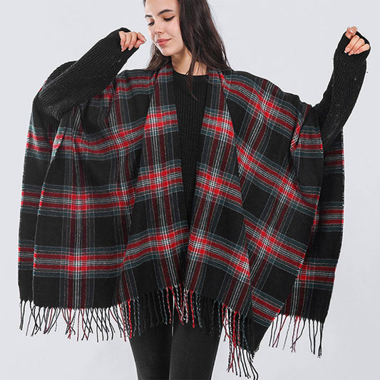 Plaid Faux Cashmere Cape Scarf with Tassels_CWASC0336