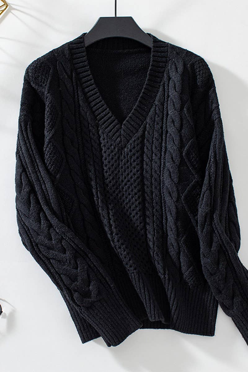 CWOSWL2813_V-NECK CABLE KNITTED PULLOVER CASUAL SWEATER