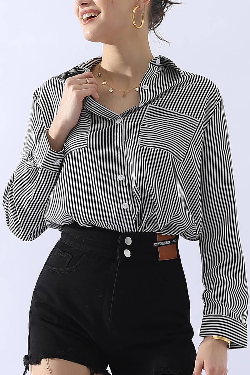 CWTSTL716_Striped Button Down Long Sleeve Collared Shirts