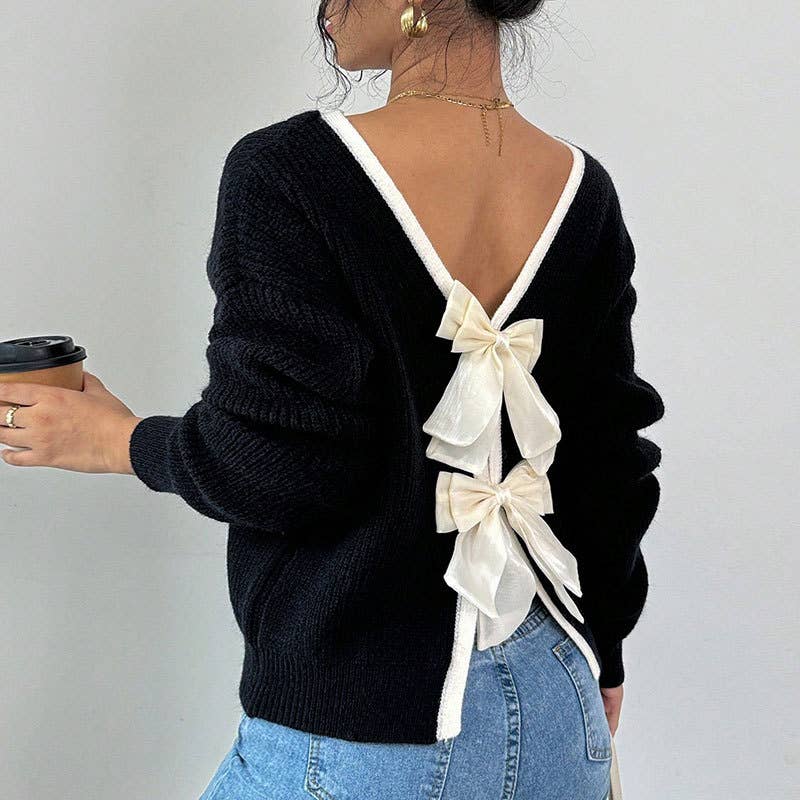 Back bow round collar sweater
