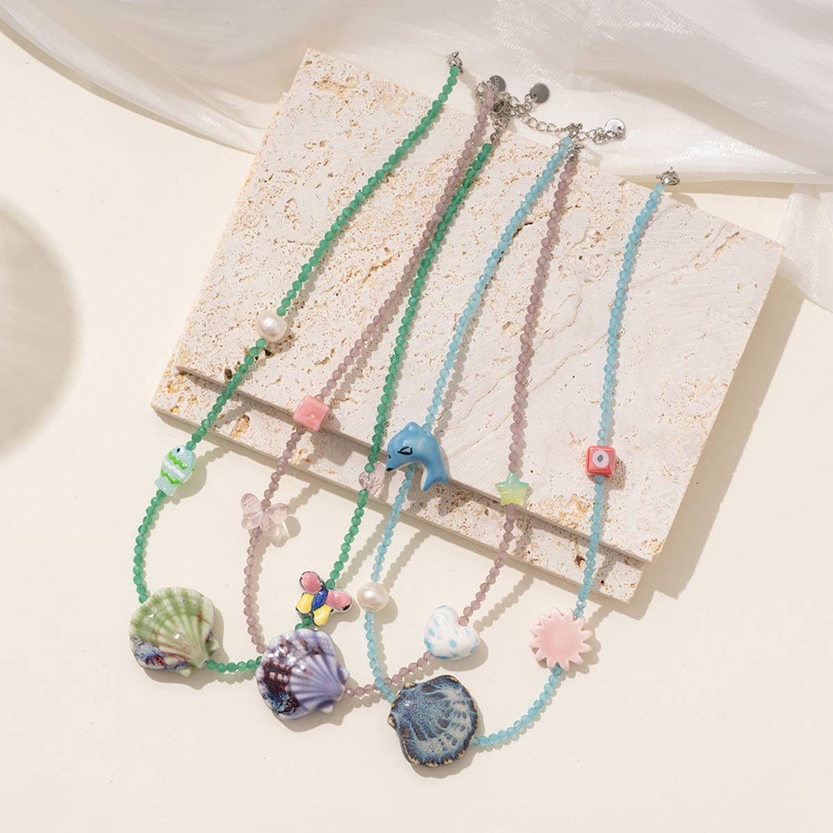 Unique Boho Glass Shell and Crystal Necklace