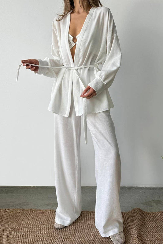 CWSPJ0330_DOUBLE CREPE CARDIGAN LACE-UP LOUNGEWEAR SET