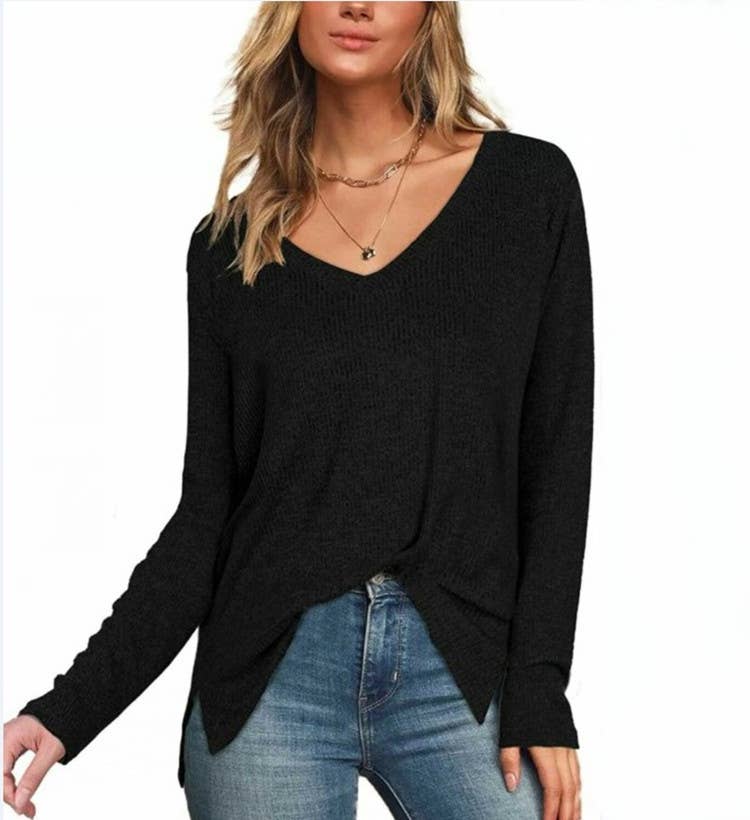 CWTTL1202_V-neck Long Sleeved With Side Slit Knit Top