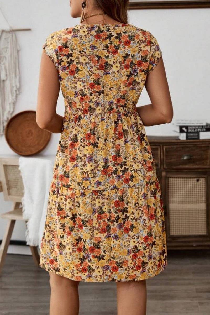 CWDSD8379_PRINTED ELASTIC WAIST SHORT SLEEVE DRESS