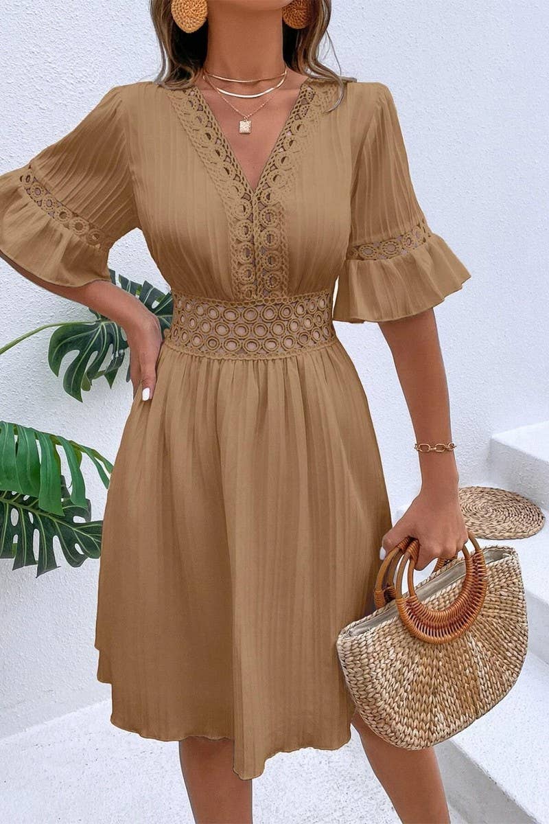 CWDSD7521_SUMMER LACE STYLISH WAIST SOLID COLOR DRESS