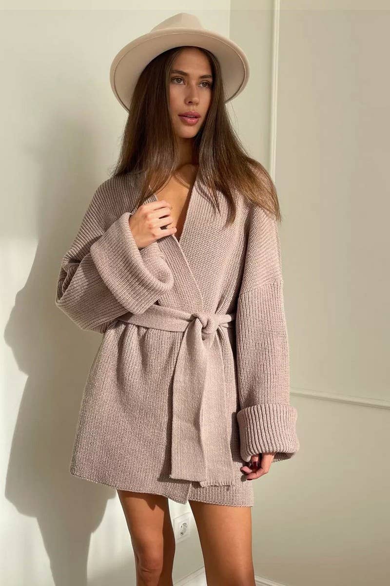 CWOCAL2240_SOLID COLOR LACE-UP LOOSE ROBE KNITTED CARDIGAN