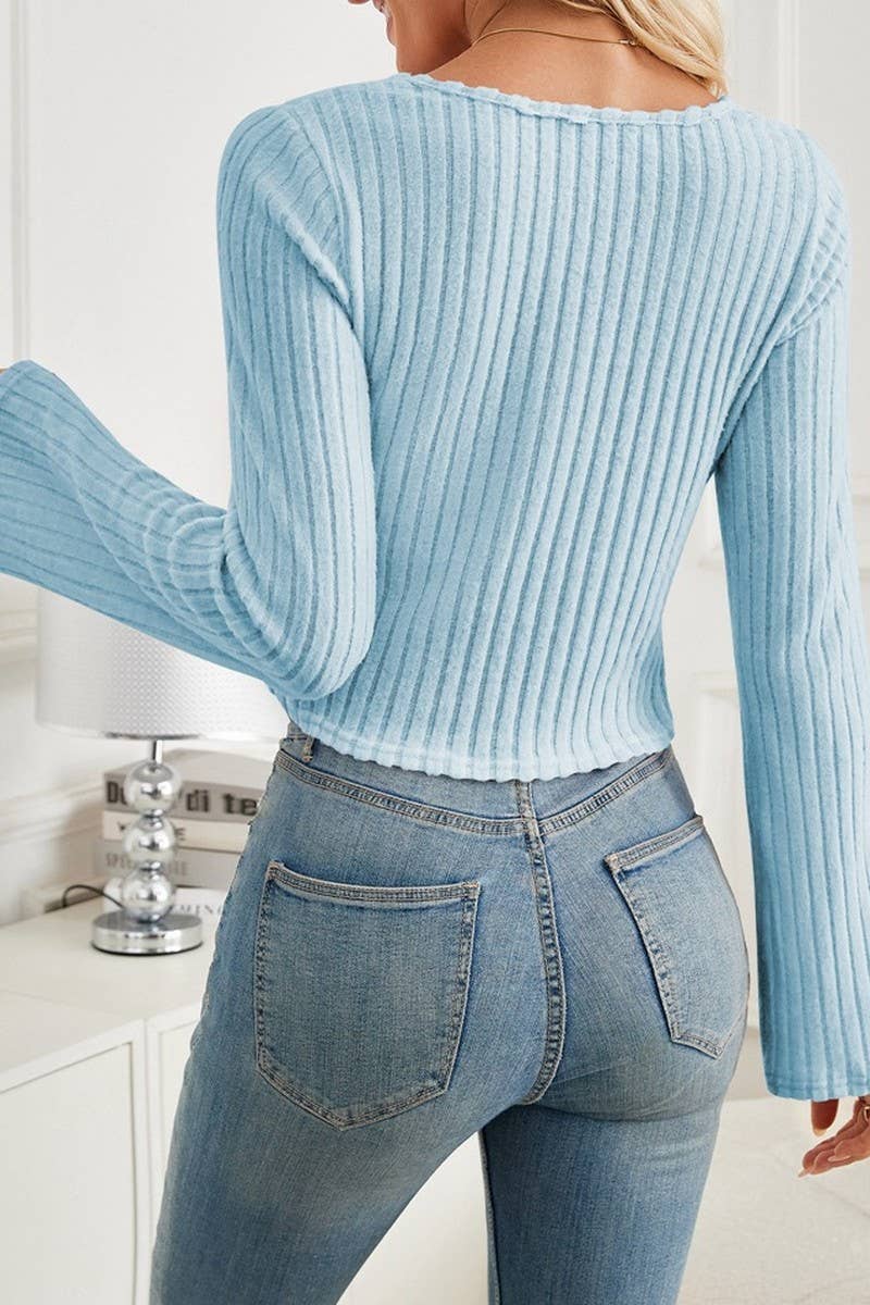 CWTBLL3196_PLEATED LONG-SLEEVED CROPPED TOP T-SHIRT