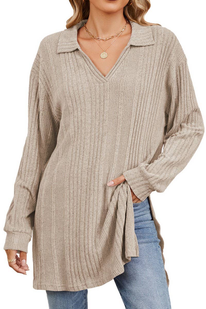 CWTBLL3668_FLIP COLLAR SLIT LONG SLEEVED LOOSE T-SHIRT TOP