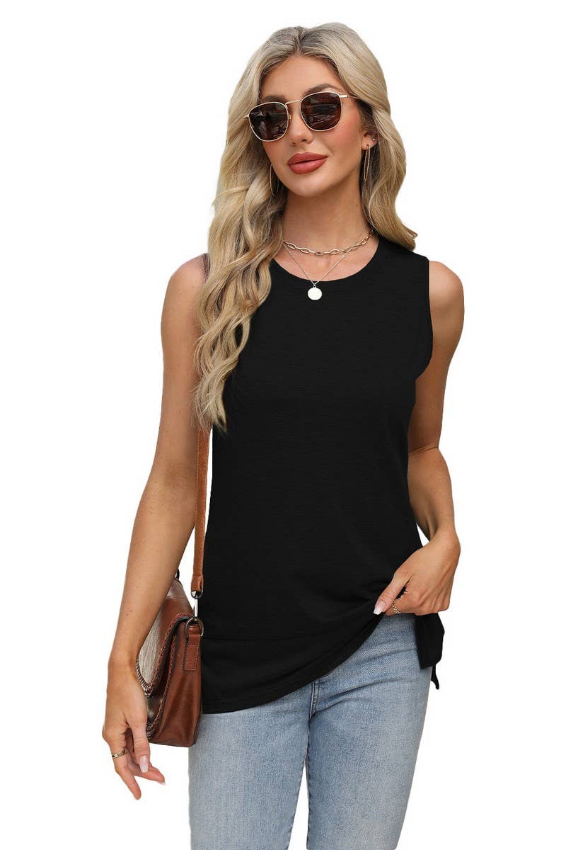 CWTBLSL0669_ROUND NECK SLEEVELESS SLIT LOOSE VEST TOP