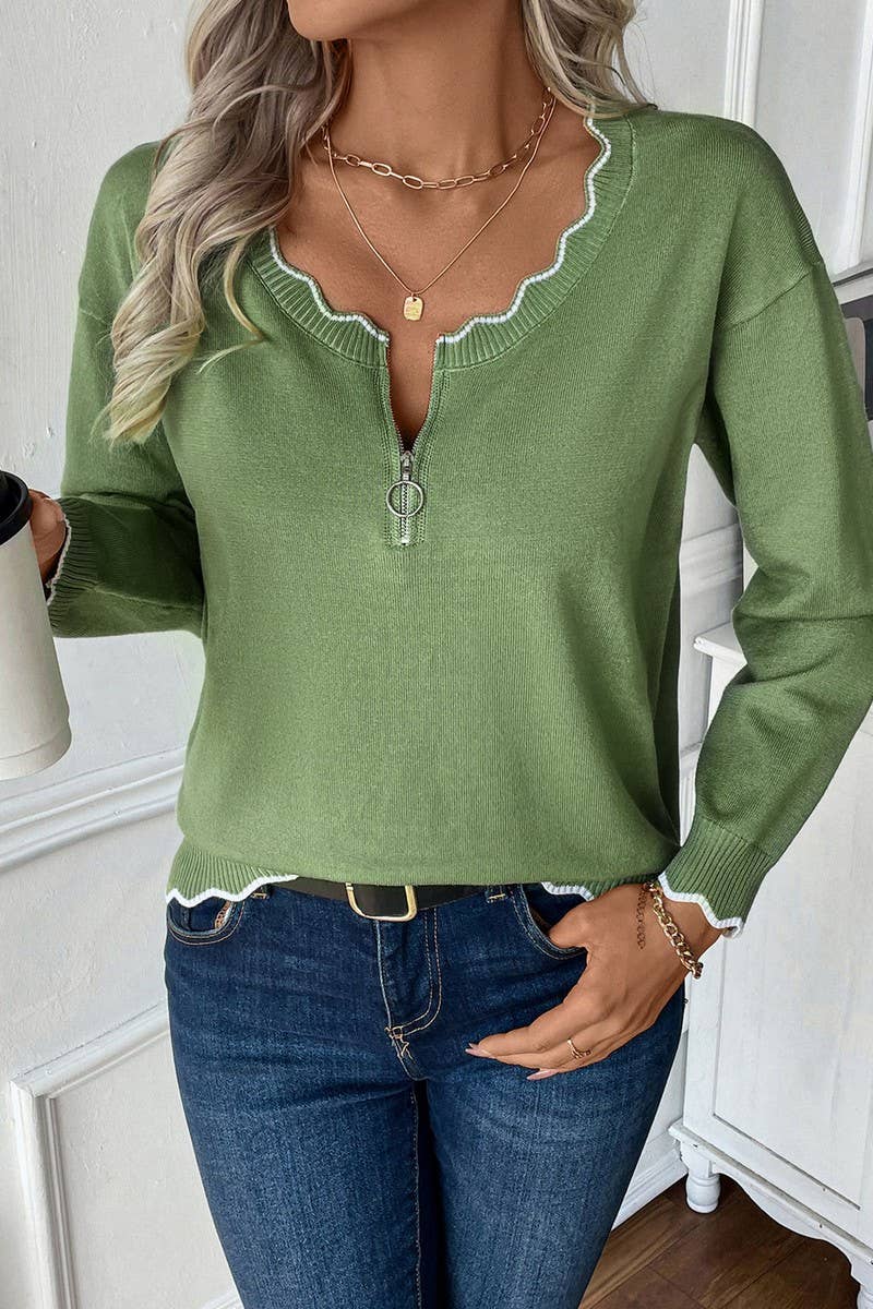 CWOSWL6844_ZIPPERED CONTRASTING CREW NECK CASUAL SWEATER