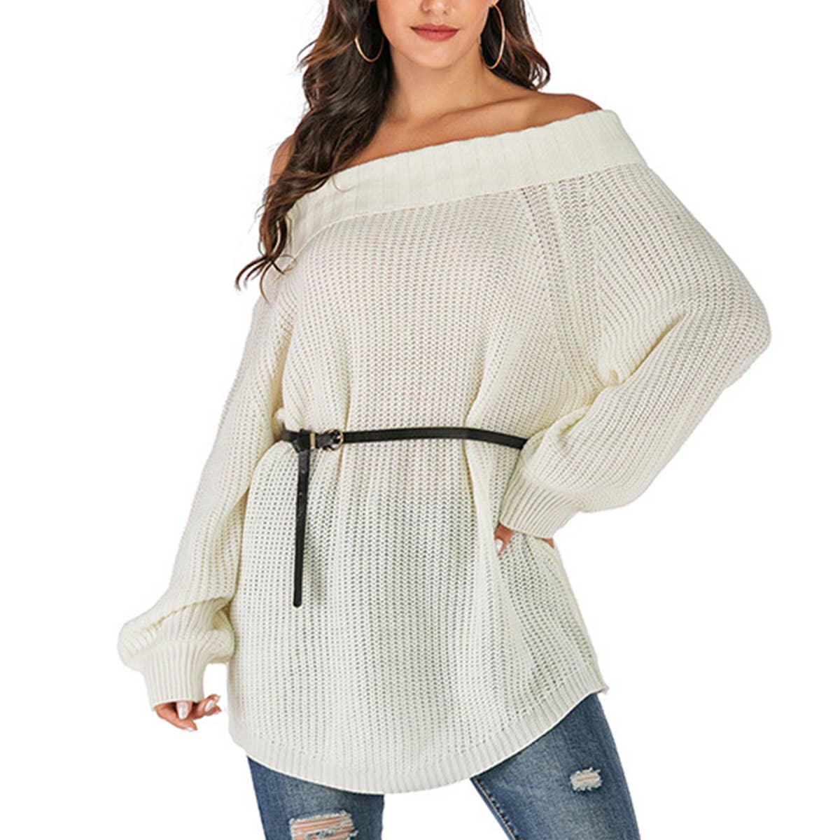 BAT-SLEEVED LINE-NECK SOLID COLOR BASE SWEATER