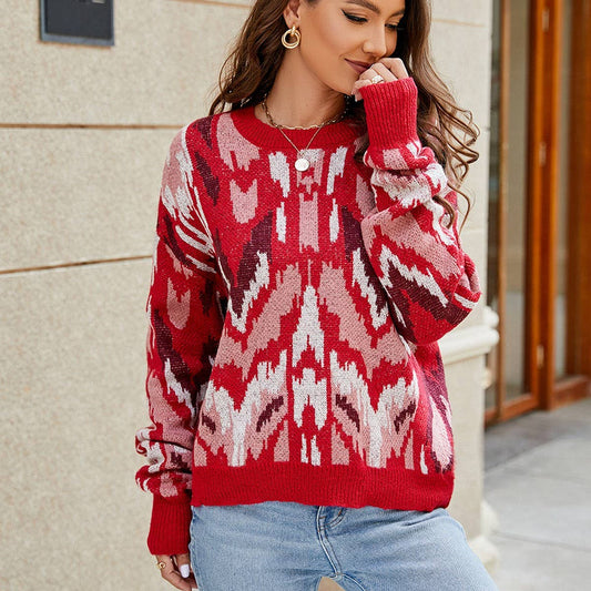 Color contrast jacquard loose long-sleeved sweater