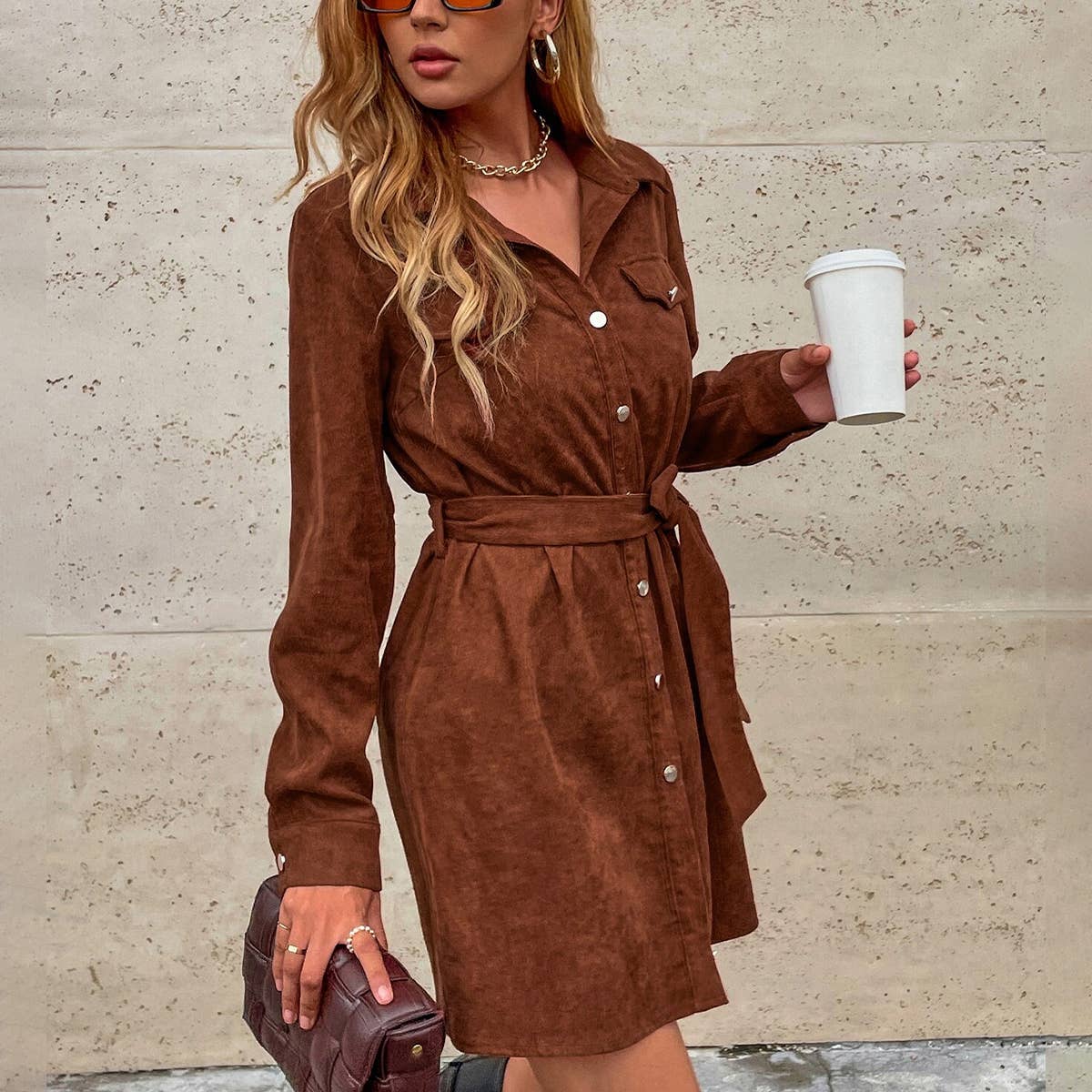 CASUAL CORDUROY SHIRT DRESS WITH LOOSE WAISTBAND