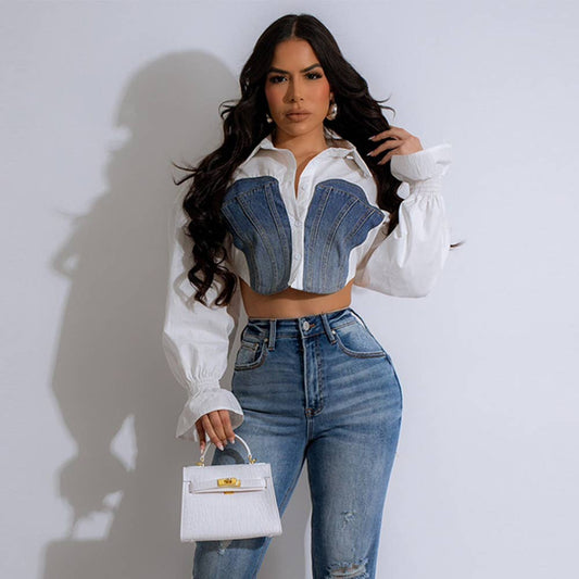 DENIM PATCHWORK SHIRT WITH CROP HORN SLEEVES