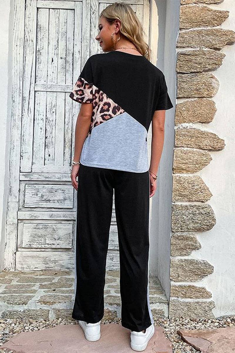 CWSTB1965_COLORBLOCK LEOPARD PRINT TEE CASUAL SET