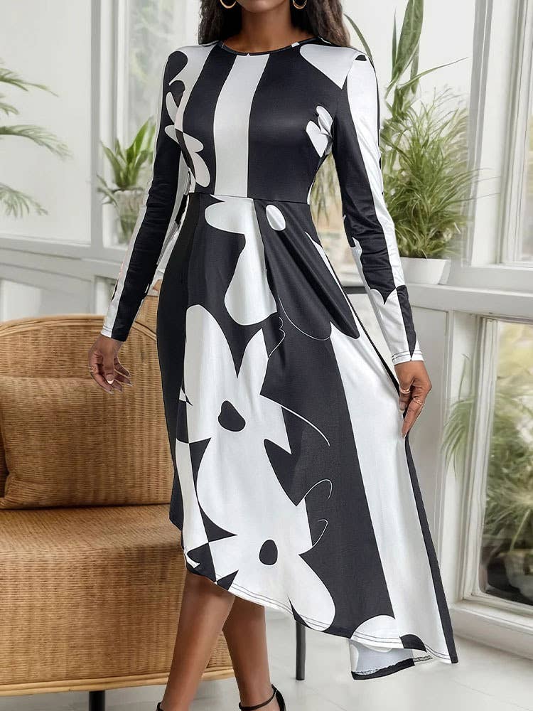 CREW NECK SLIM IRREGULAR PRINT DRESS