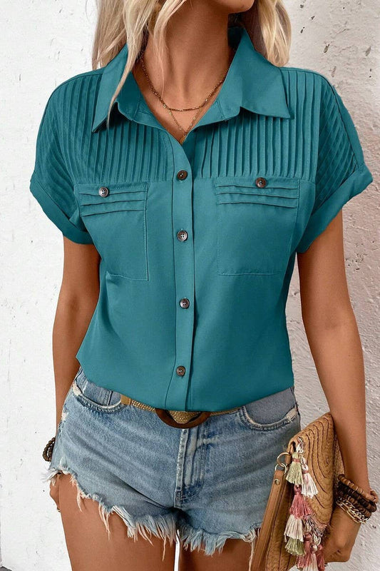 CWTSTS0680_SOLID COLOR LAPEL PLEATED RAGLAN SHORT SLEEVE TOP