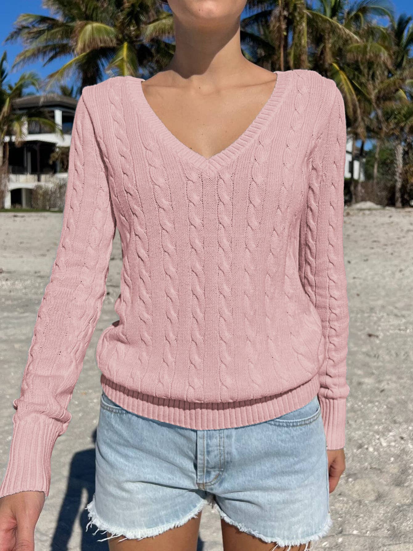 Casual simple long-sleeved V-neck woolen Sweater