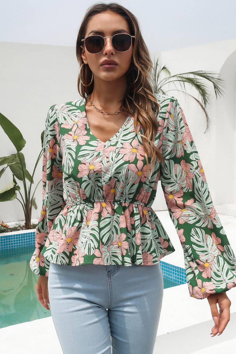 CWTBLL0707_V-Neck Long Sleeve Print Blouse