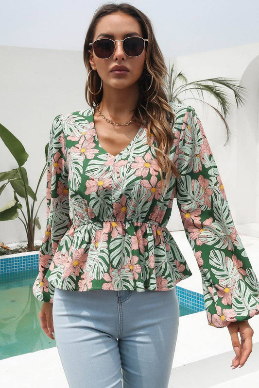 CWTBLL0707_V-Neck Long Sleeve Print Blouse