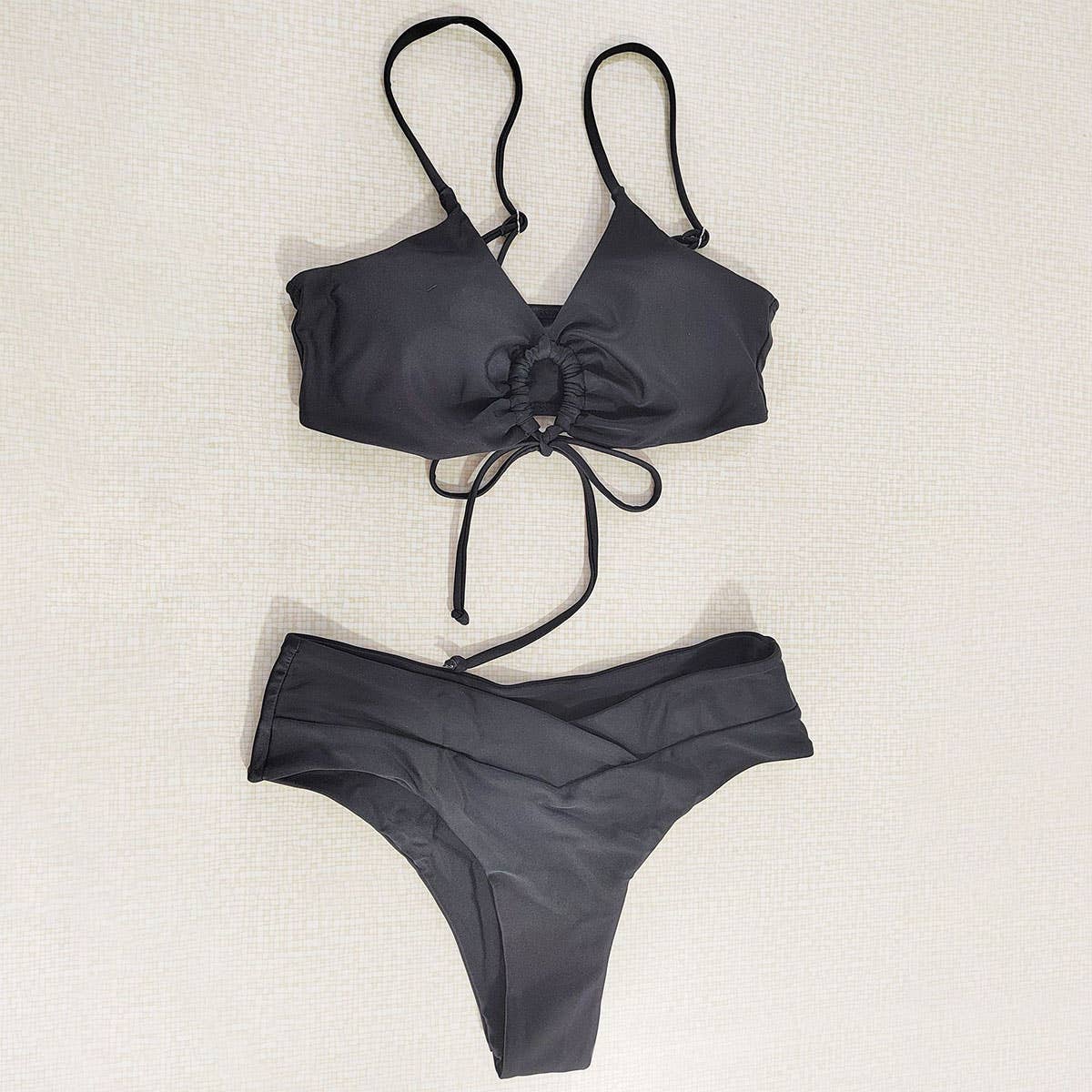 Tied Bow Bikini Set-Solid Color Sexy Swimsuit