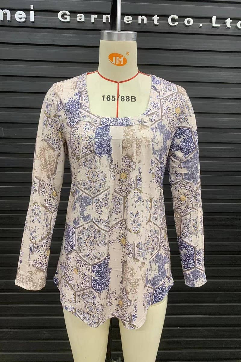 CWTBLL1043_SQUARE NECK PRINTED LONG SLEEVE CASUAL TOP
