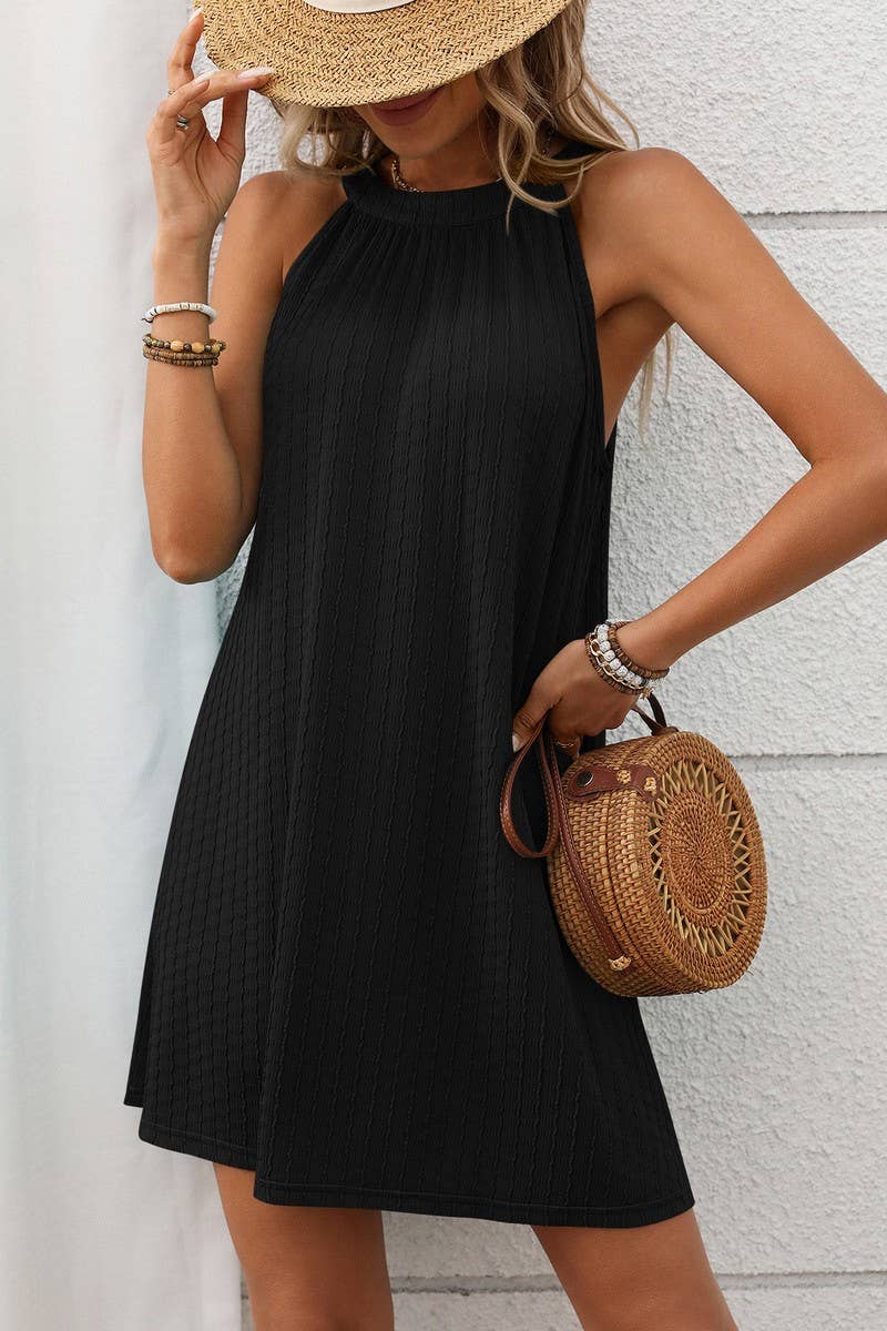 CWDHL0700_SOLID COLOR HALTERNECK SLEEVELESS DRESS