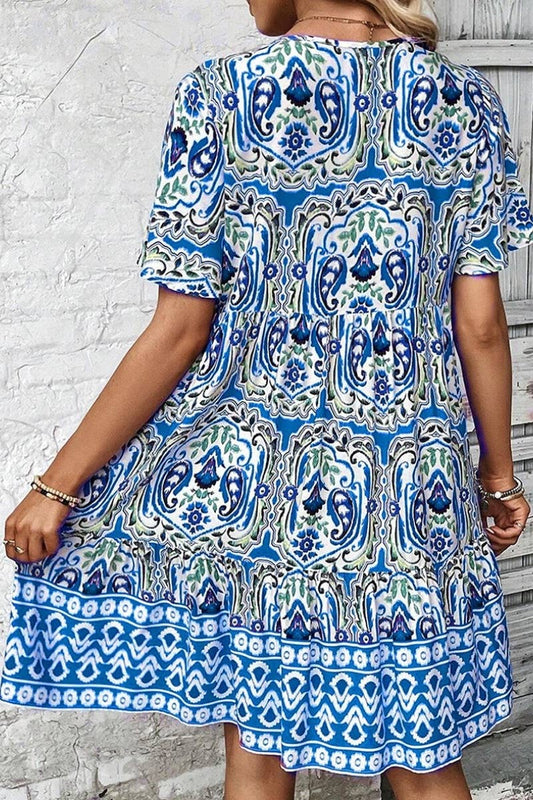 CWDSD4887_V-NECK SHORT SLEEVE BOHO PRINT DRESS SHORT