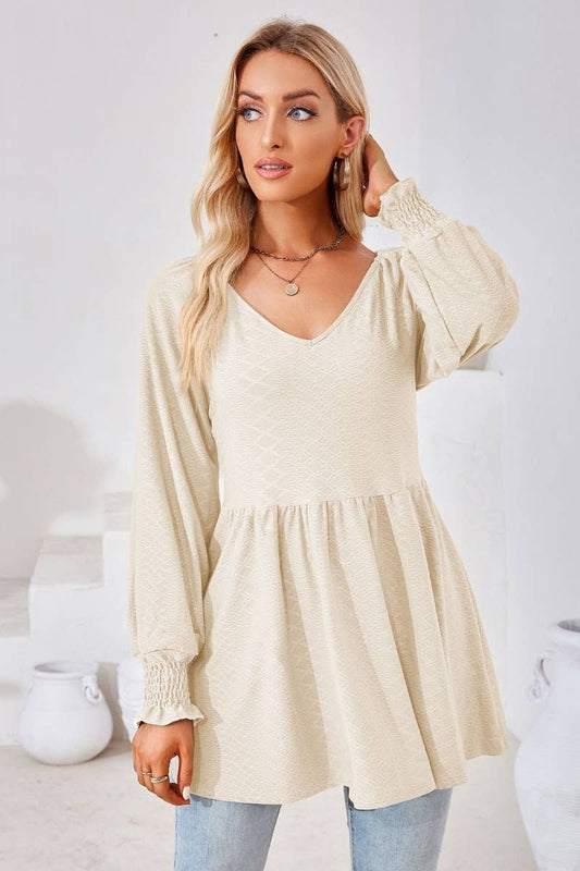 CWTBLL2817_SOLID COLOR PATCHWORK LONG-SLEEVED TUNIC