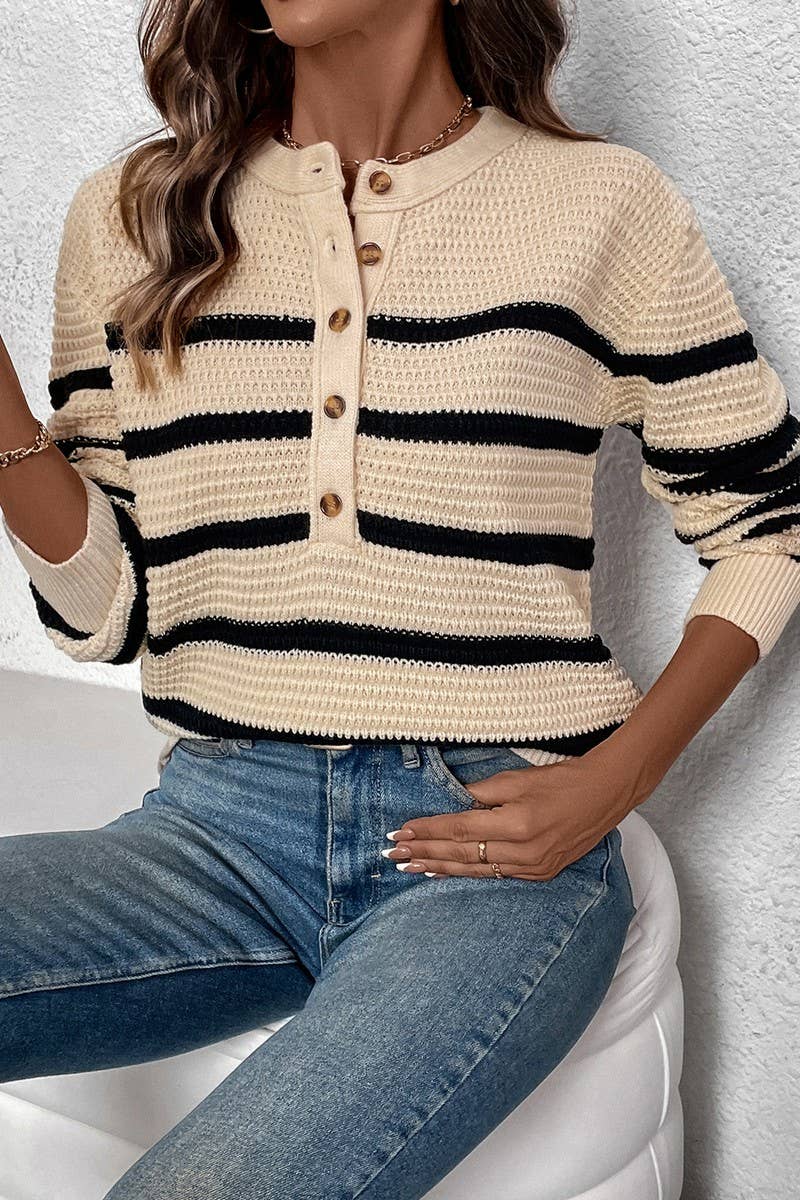 CWOSWL6835_AUTUMN BUTTON-DOWN STRIPED LOOSE SWEATER