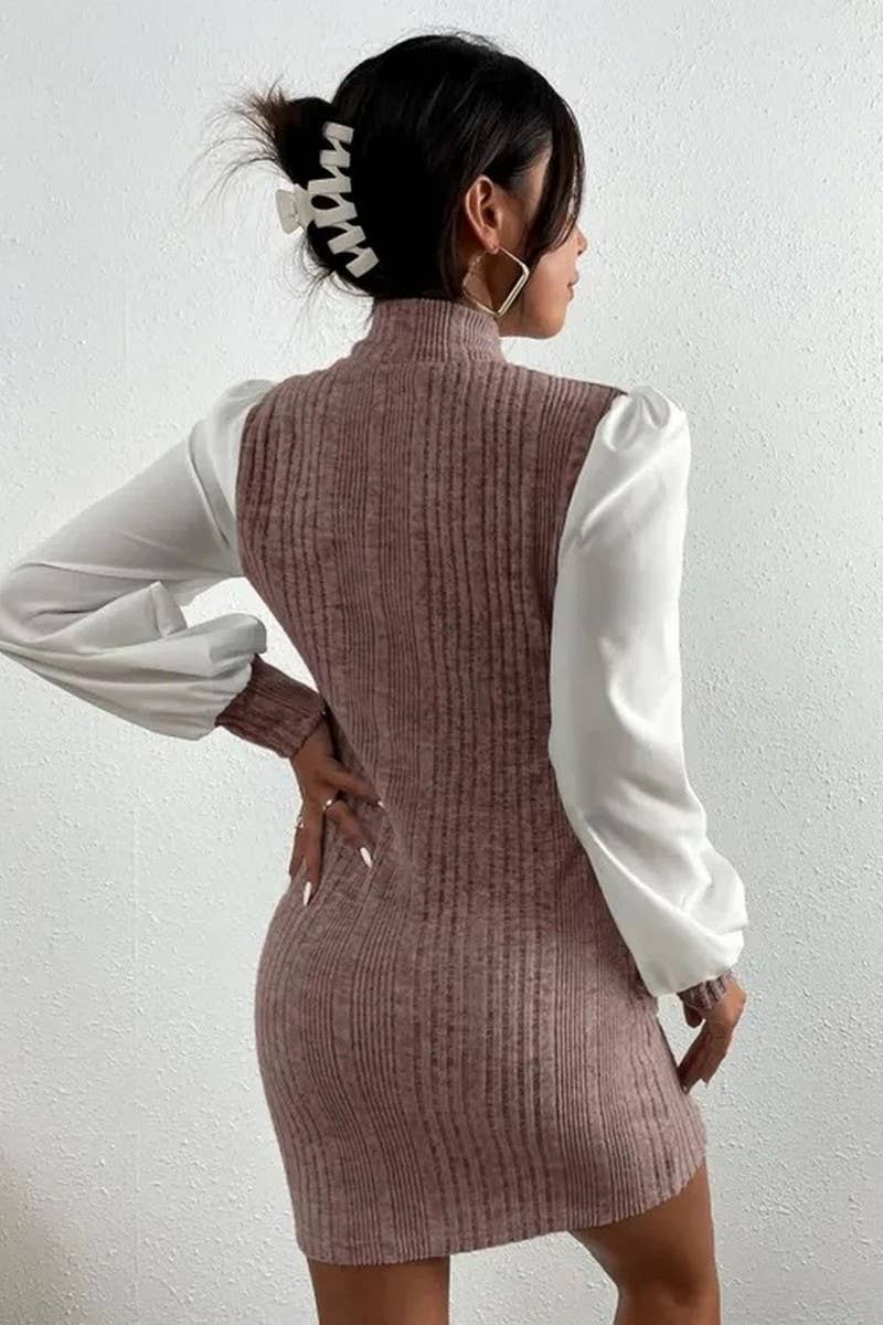 Beltless dress with high neck and long sleeves
