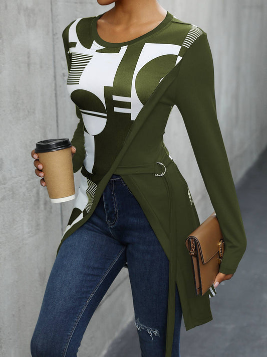 ELEGANT GEOMETRIC PRINT SLIM SLIT T-SHIRT