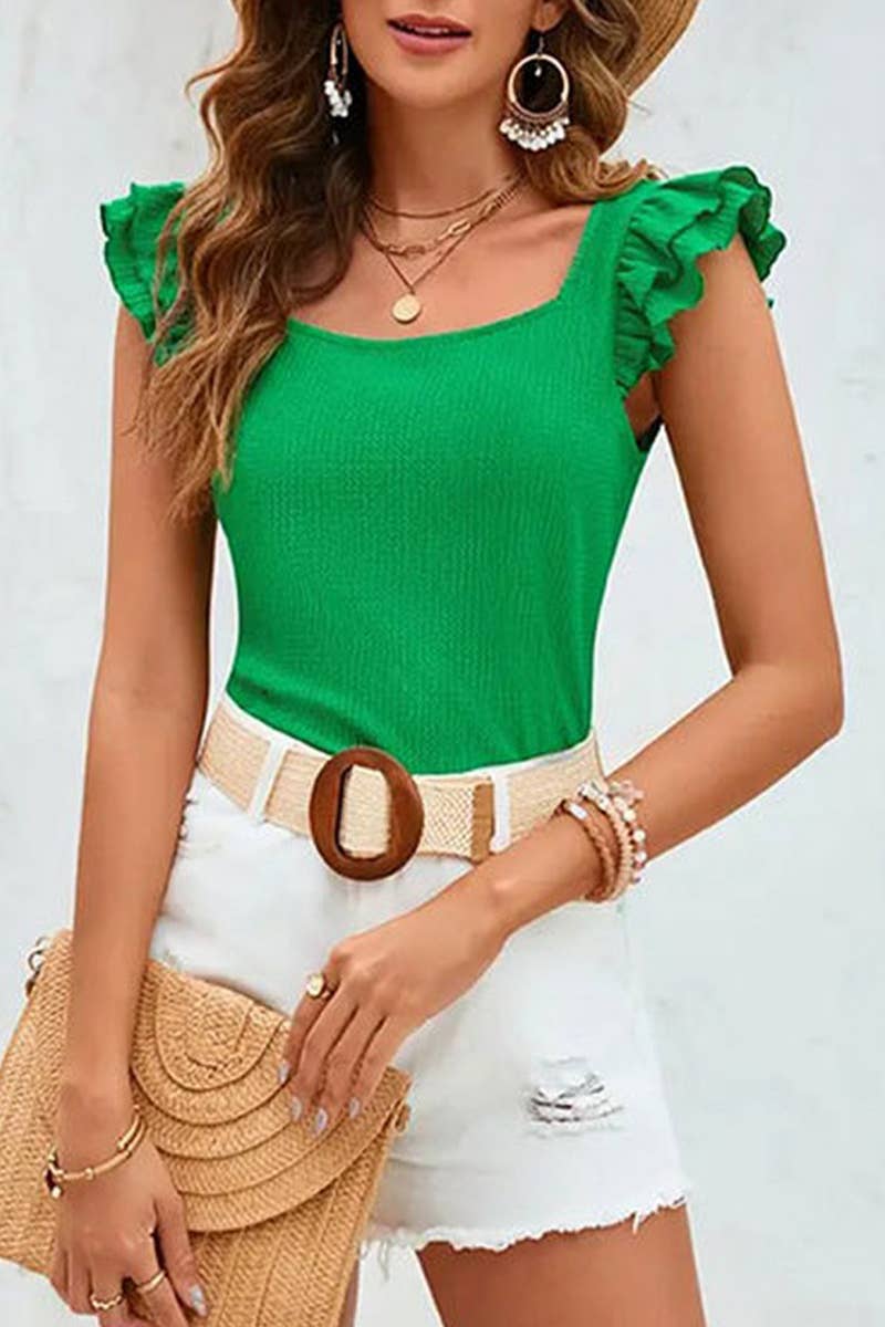 CWTTSL0347_KNITTED JACQUARD SQUARE NECK SHORT-SLEEVED T-SHIR