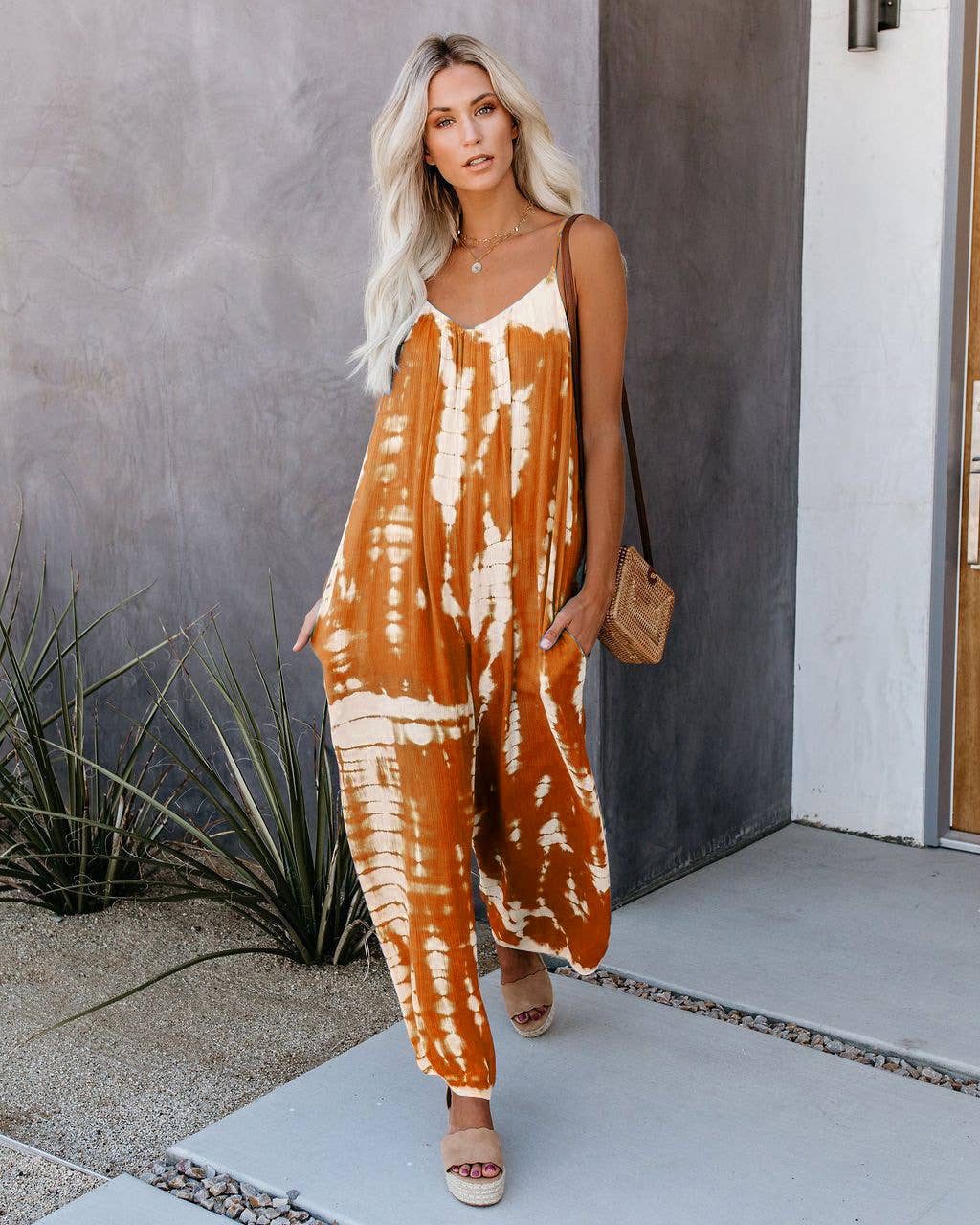 Abstract printed strappy sexy wide-leg jumpsuit
