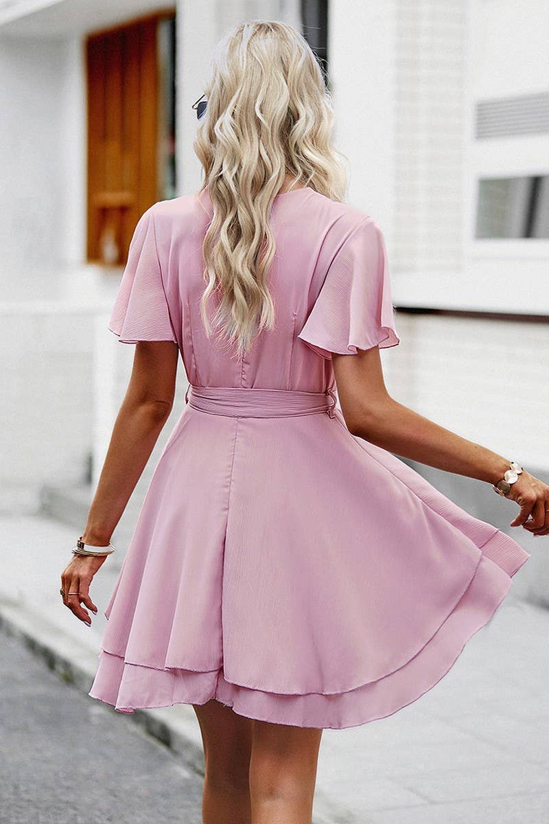 CWDSD2346_V-Neck Wrap ruffle Sleeve Floral Print Mini Dress