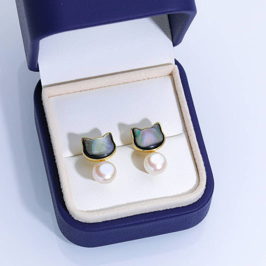 Pearl 925 silver needle cat shell stud earrings