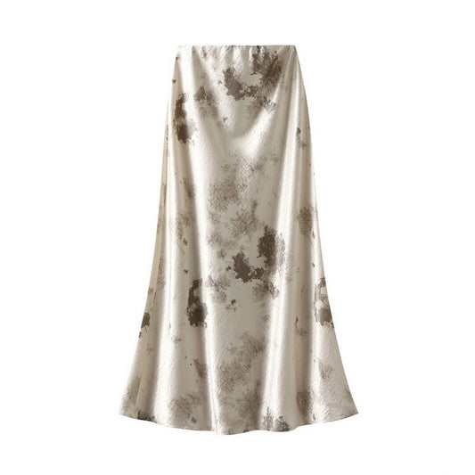 Tie-Dye Satin Print Fishtail Midi Skirt