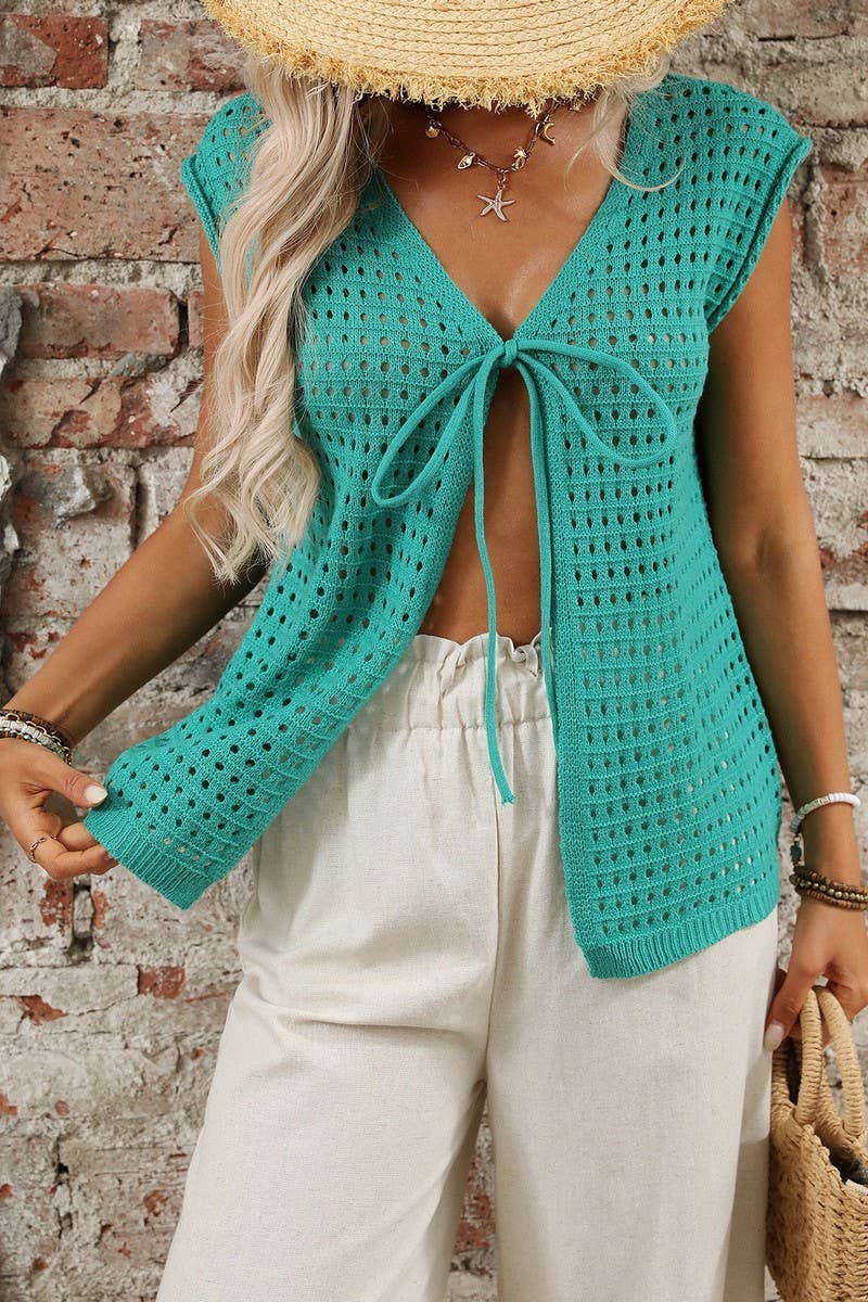 CWTTS1369_BOHEMIAN HOLLOW KNIT CARDIGAN LACE-UP BLOUSE