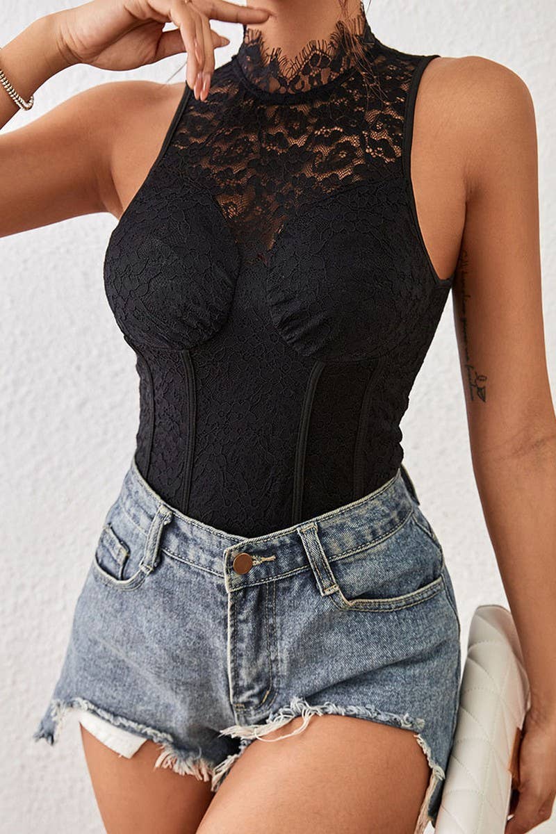 CWSBSSL0156_BLACK LACE PANEL ONE-PIECE BODYSUIT